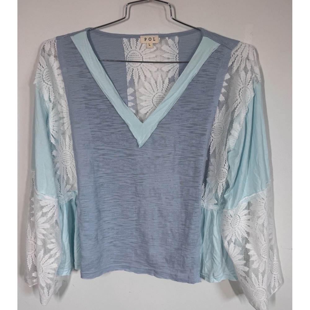 POL Boho Lace Patchwork Top Womens L Shabby Chic Cottagecore Balloon Sleeve